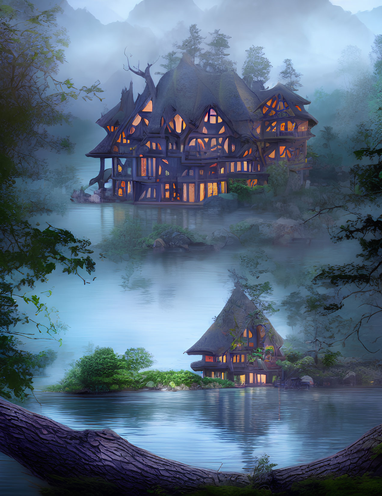 Enchanting fairytale cottage in misty woods by serene lake