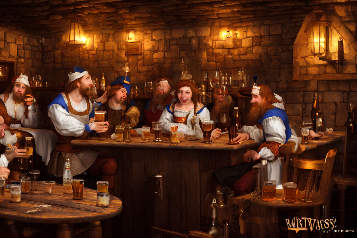 Medieval tavern scene with jovial individuals in period costume drinking and conversing under warm lighting
