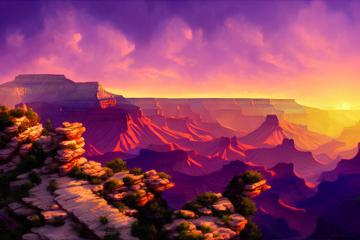 Majestic canyon with layered rock formations at sunset