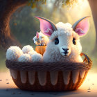 Charming sheep and lambs in woven basket in magical forest
