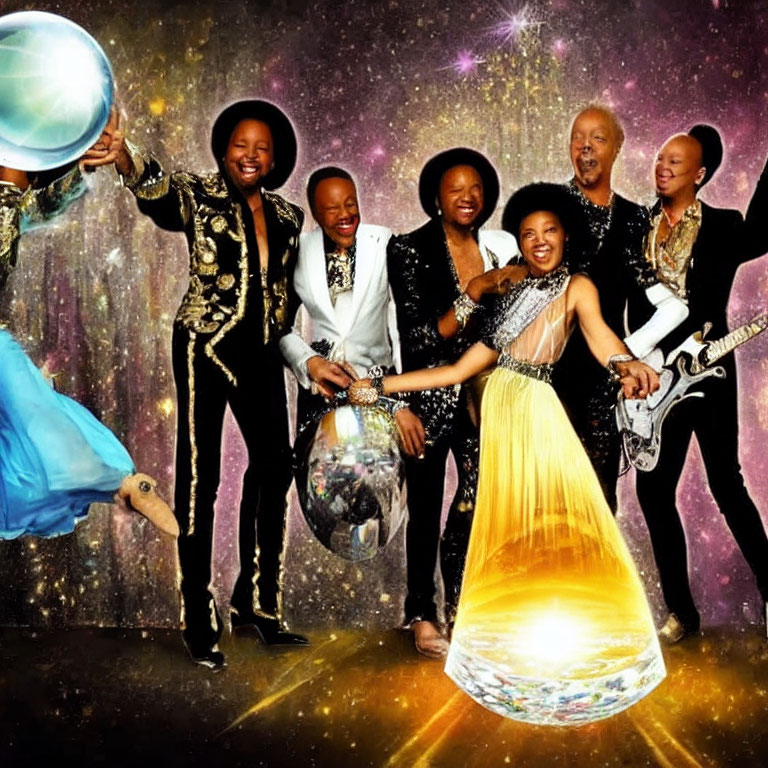 Seven People in Festive Attire with Disco Ball Theme and Musical Instruments in Galactic Background