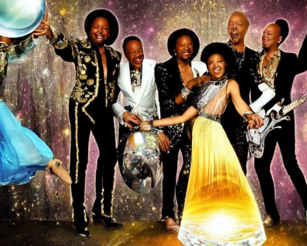 Seven People in Festive Attire with Disco Ball Theme and Musical Instruments in Galactic Background