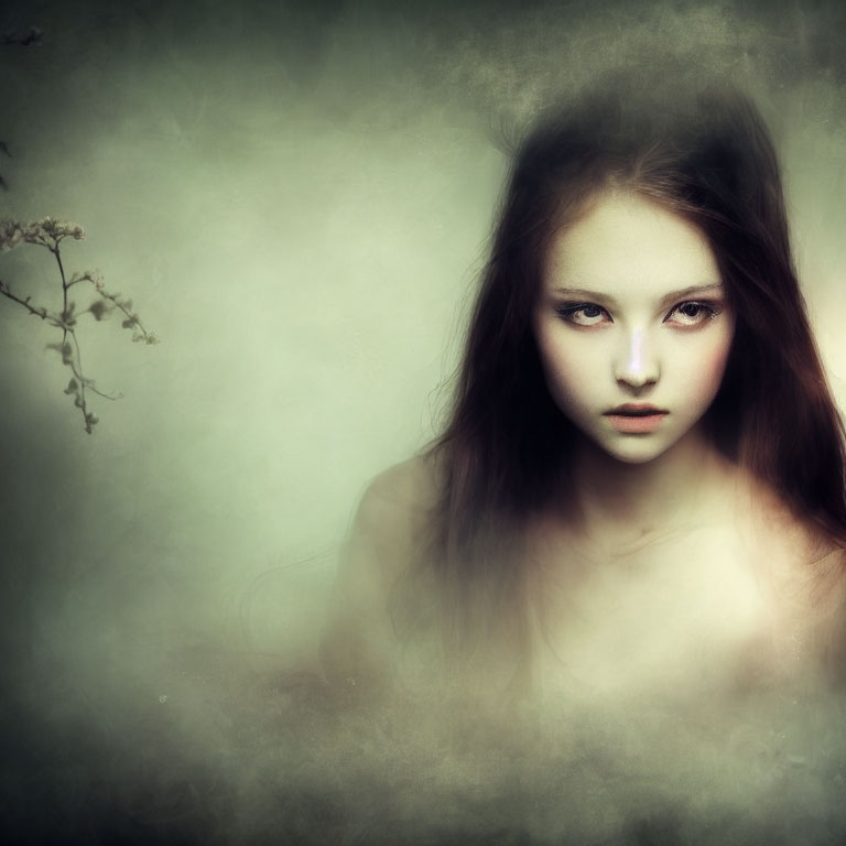 Intense-eyed young girl portrait with delicate branch on muted backdrop