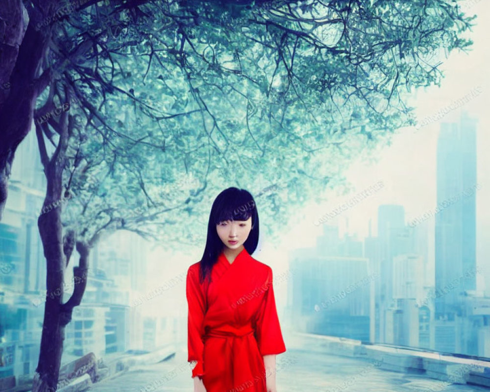Young woman in red dress on overcast bridge with city skyline and tree.