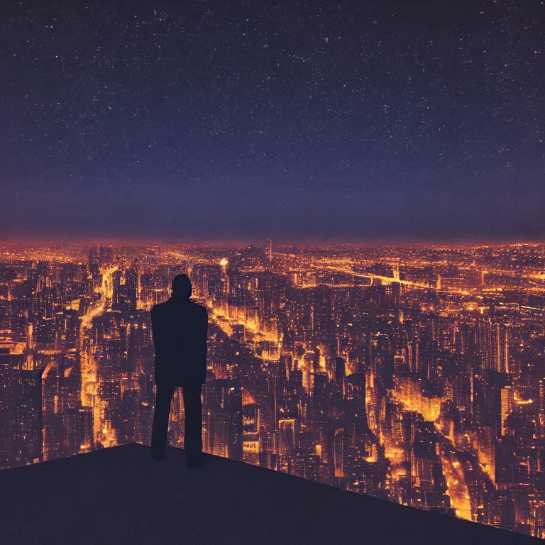 Silhouette overlooking cityscape under starry sky