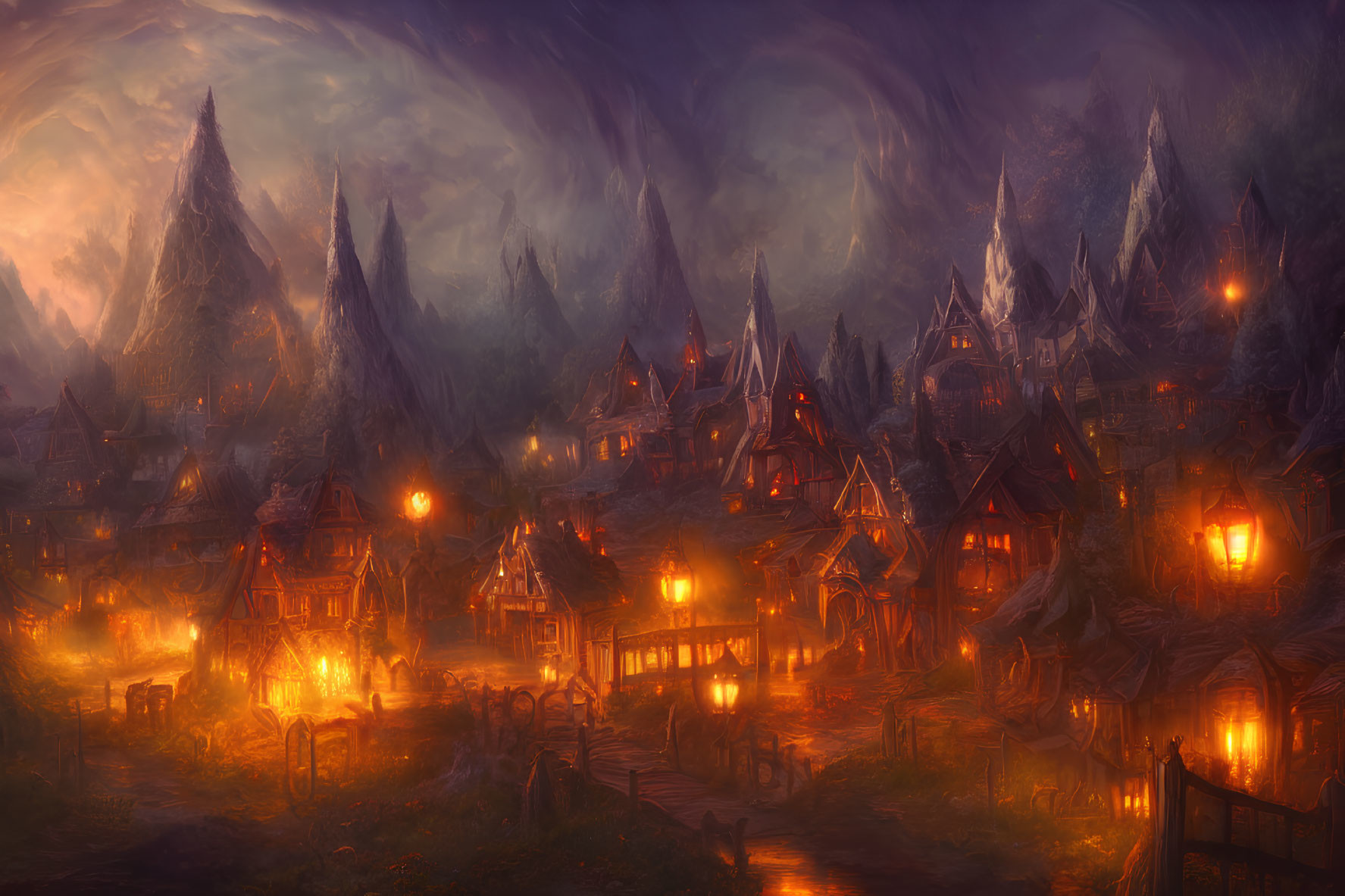 Enchanting village scene at dusk with glowing lights and twilight sky