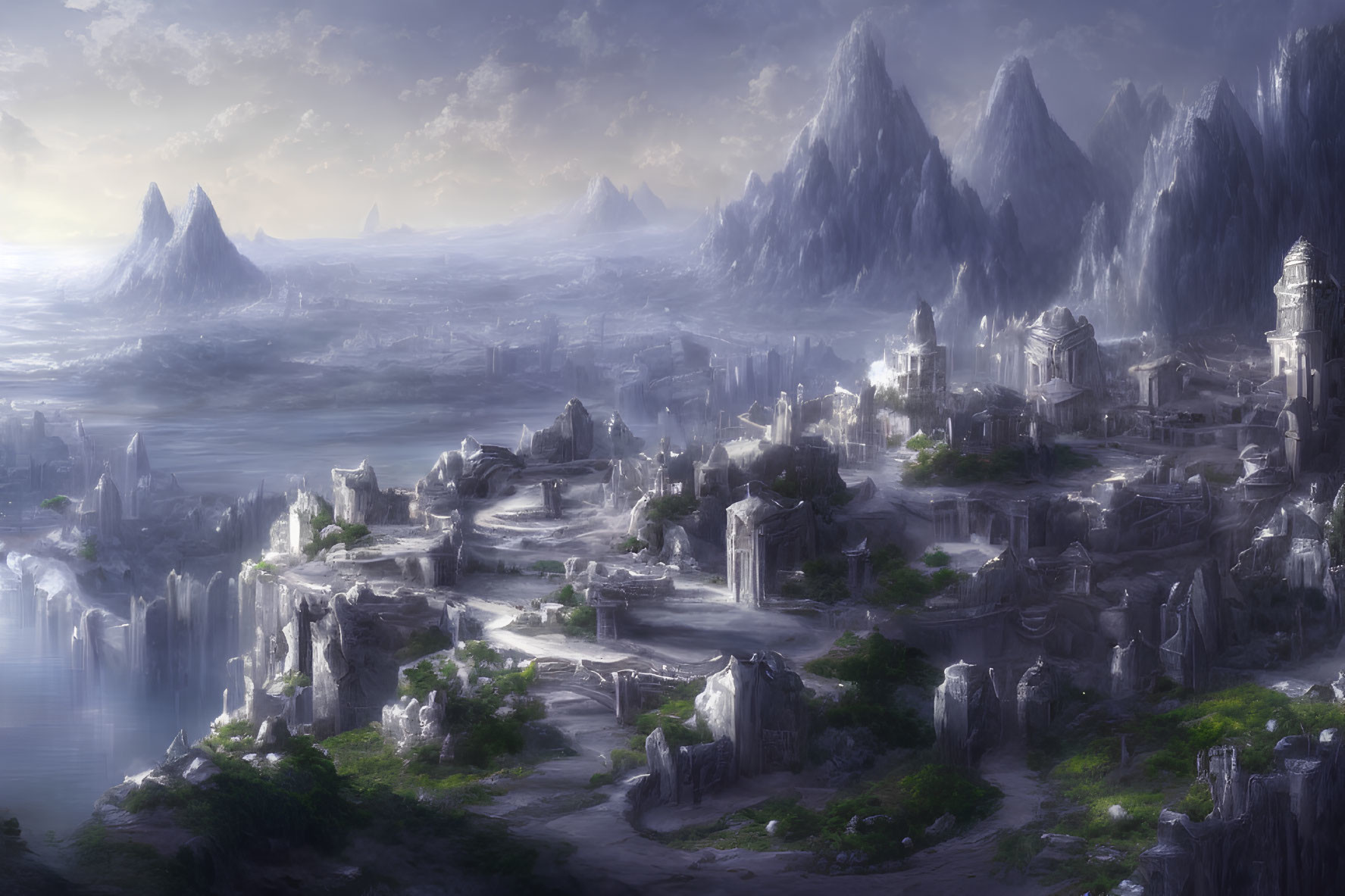 Majestic mountains, ancient city, misty river under luminous sky