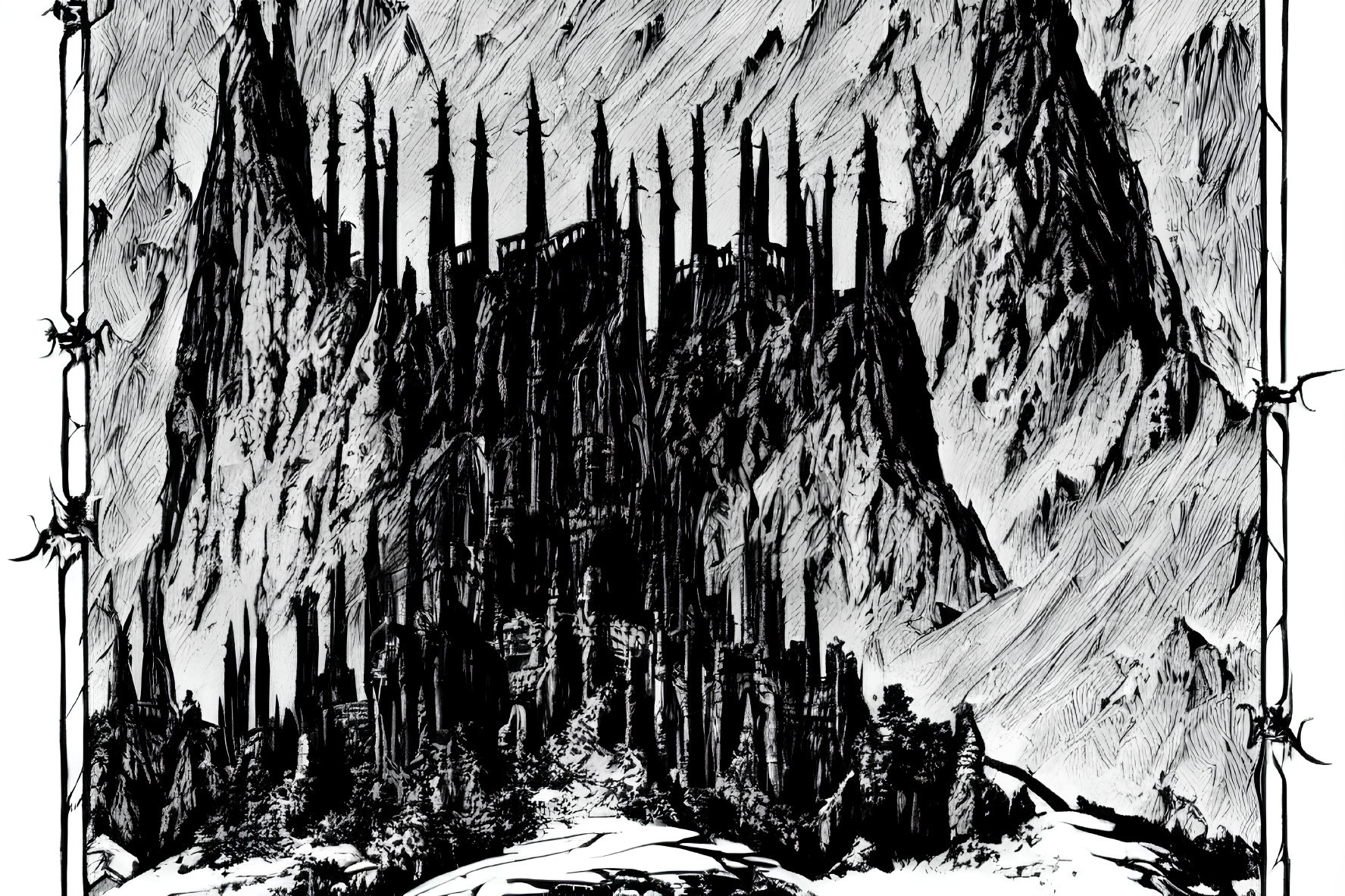 Detailed black-and-white gothic castle illustration with mountain backdrop and thorny vines.