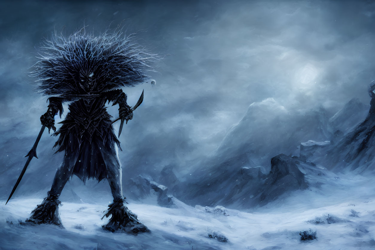 Mysterious figure in black armor with spikes holding a spear in snowy mountain landscape