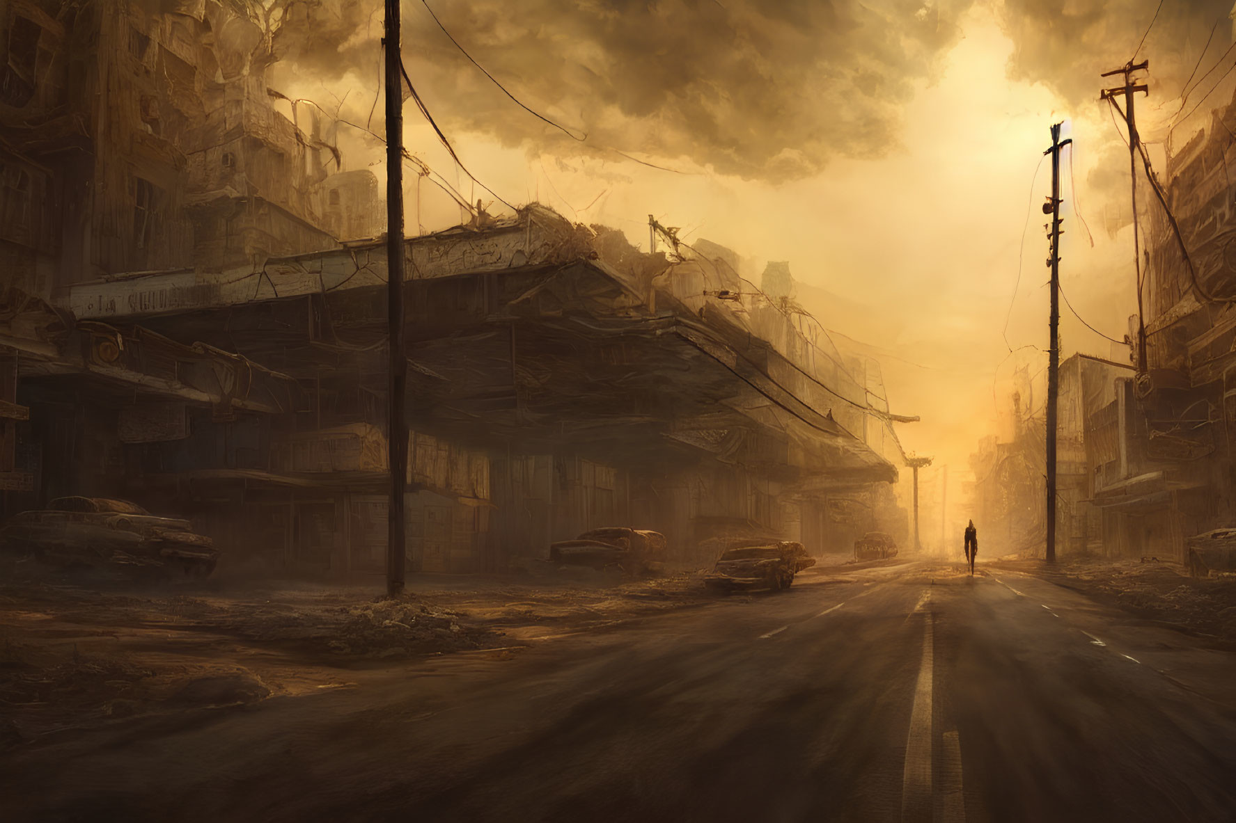 Desolate street scene with solitary figure amidst ruins