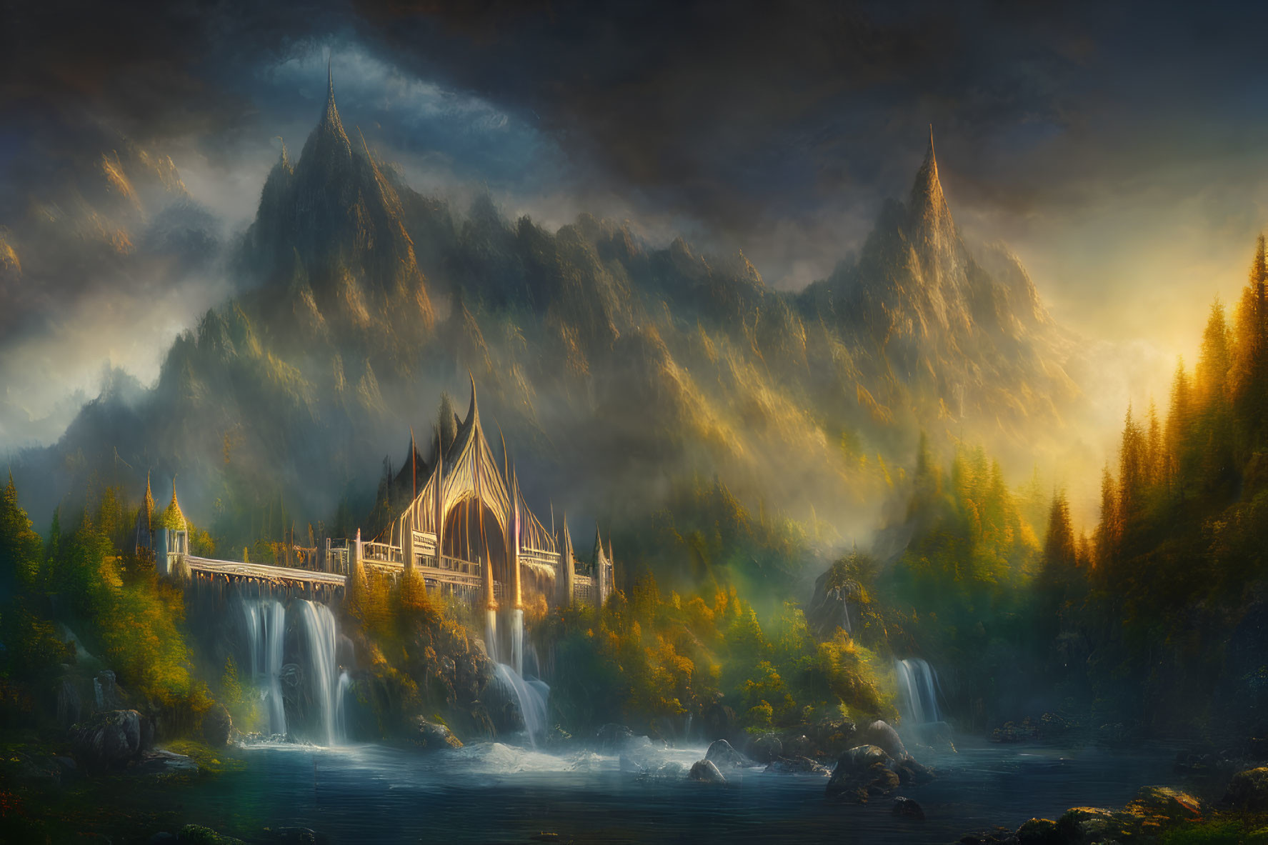 Majestic castle on waterfall in fantasy landscape
