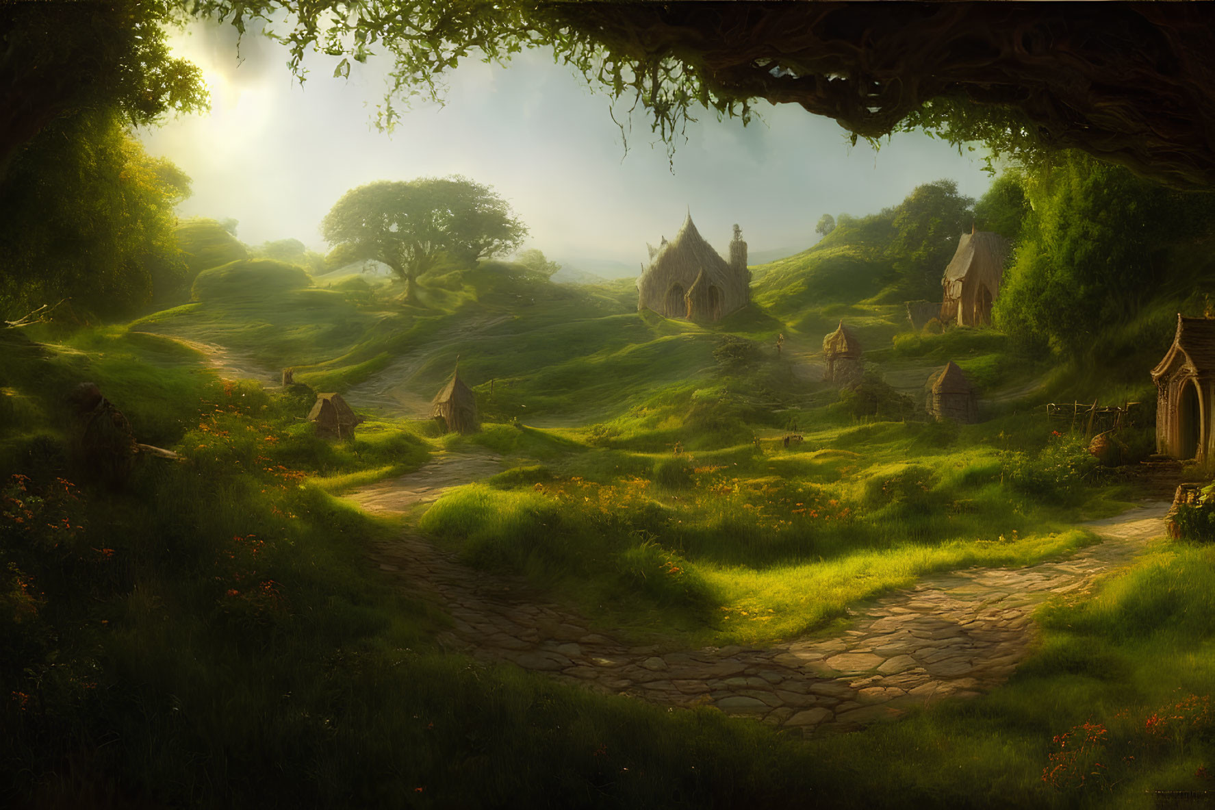 Tranquil fantasy landscape with lush greenery and quaint structures