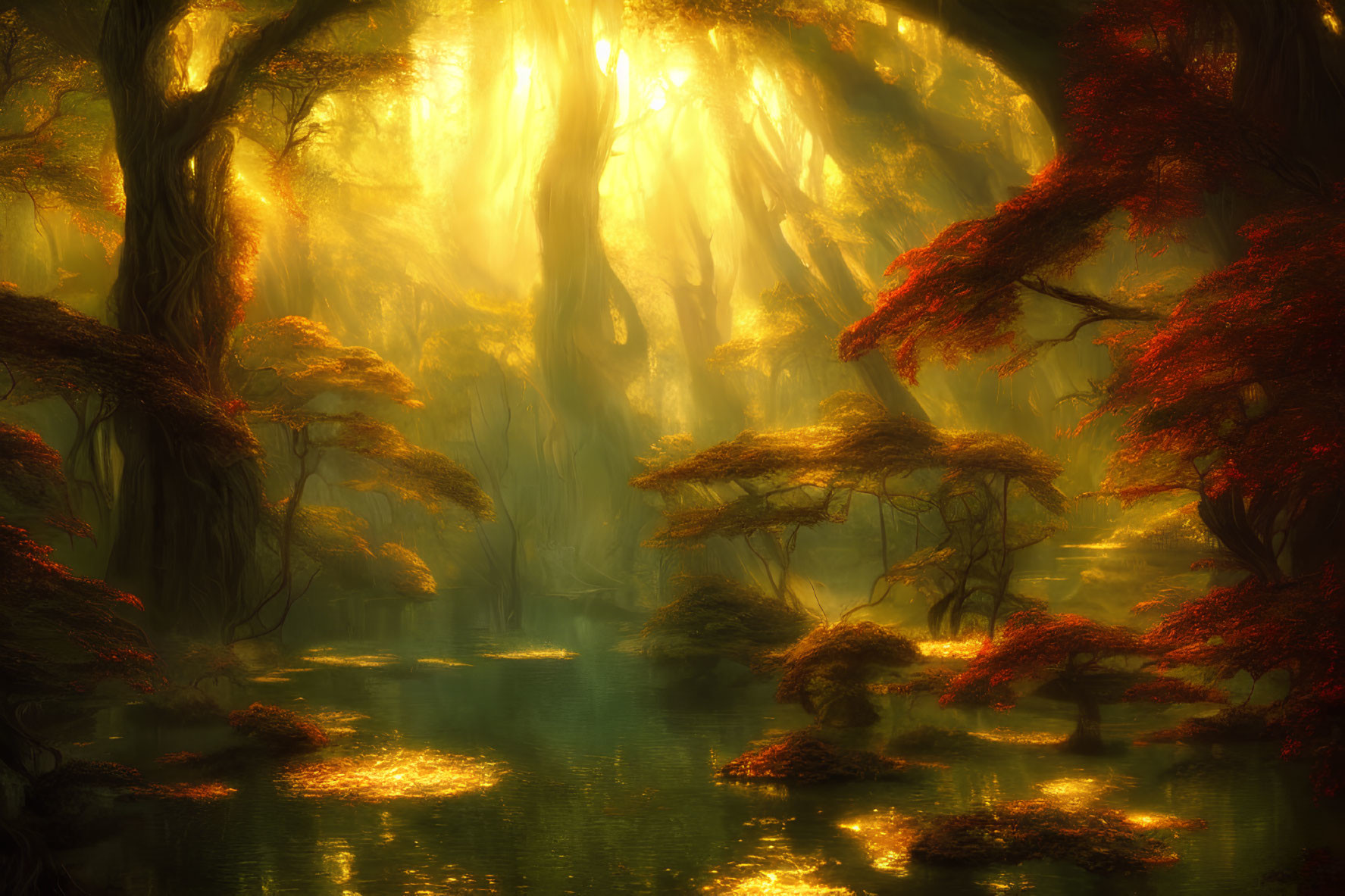 Tranquil forest scene with mist, red trees, and green pond