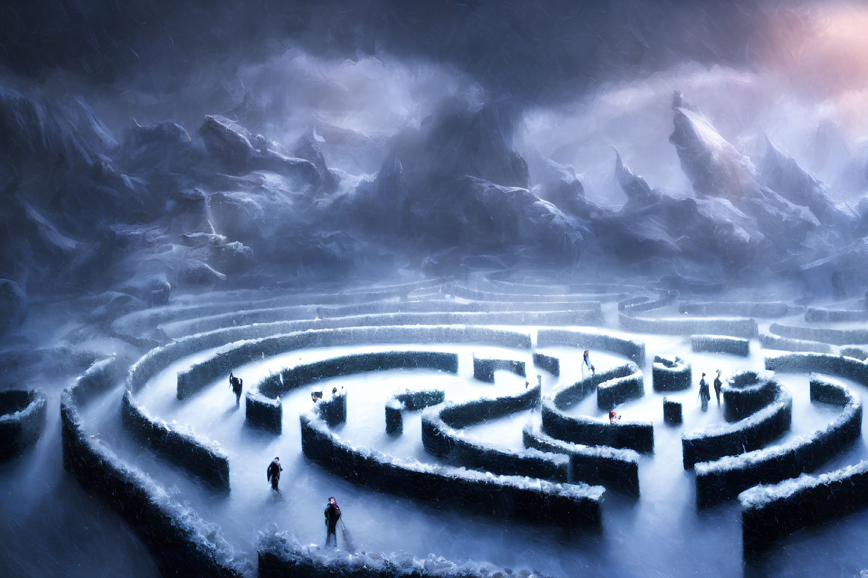 Fantasy icy labyrinth with people navigating snowy mountains under dramatic sky