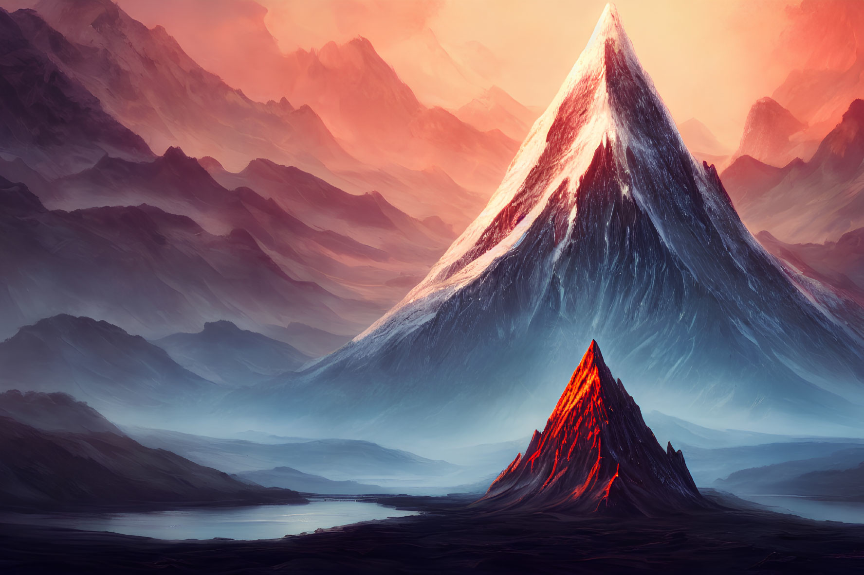 Majestic fiery mountain peak against dramatic red sky