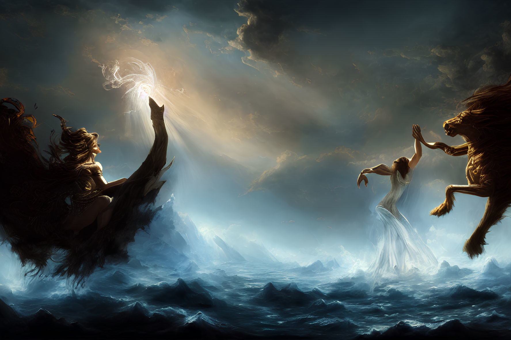 Mystical scene: two ethereal figures on stormy seas with dramatic rays