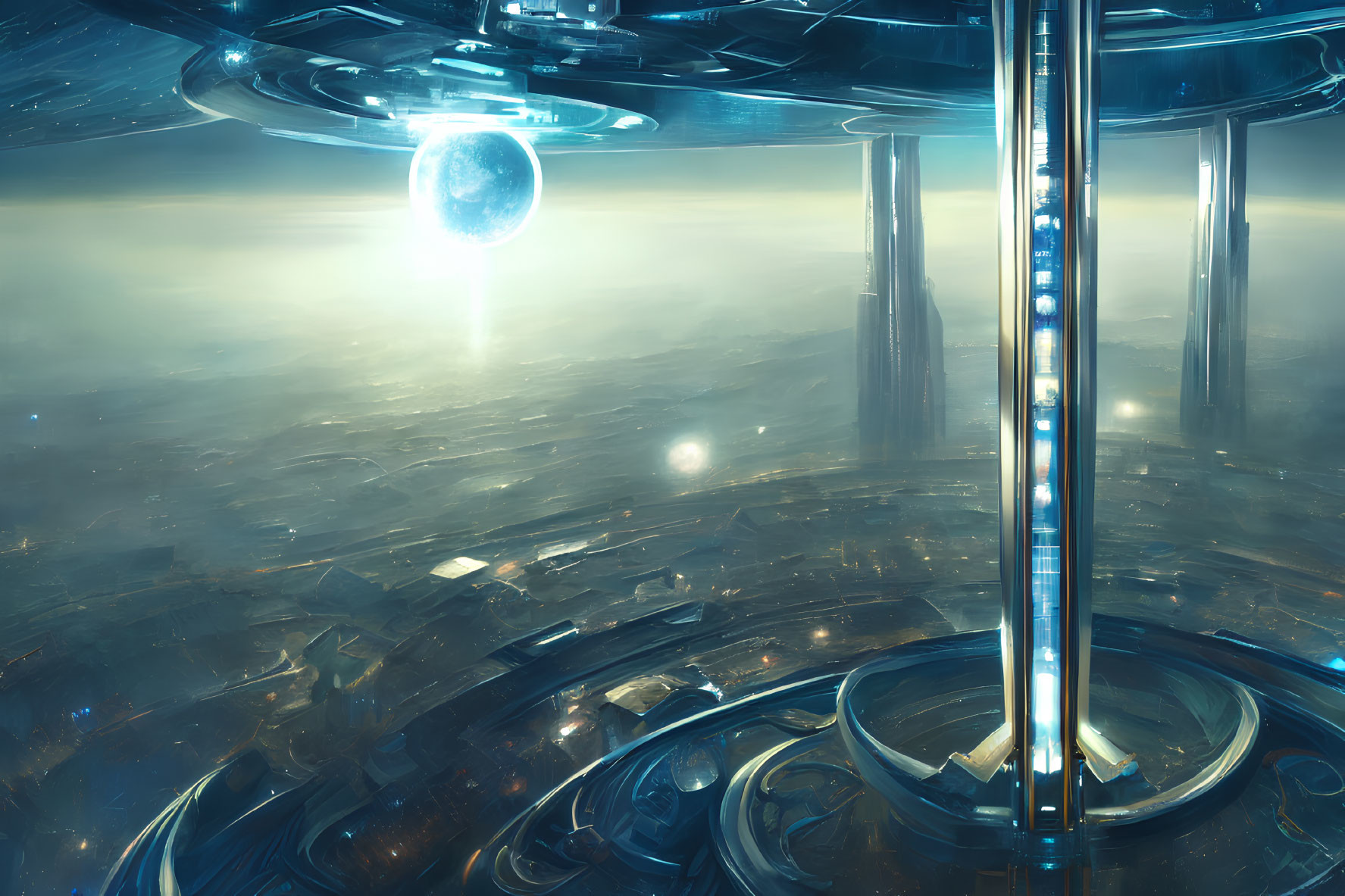Advanced architecture in futuristic cityscape with glowing structures and celestial bodies.