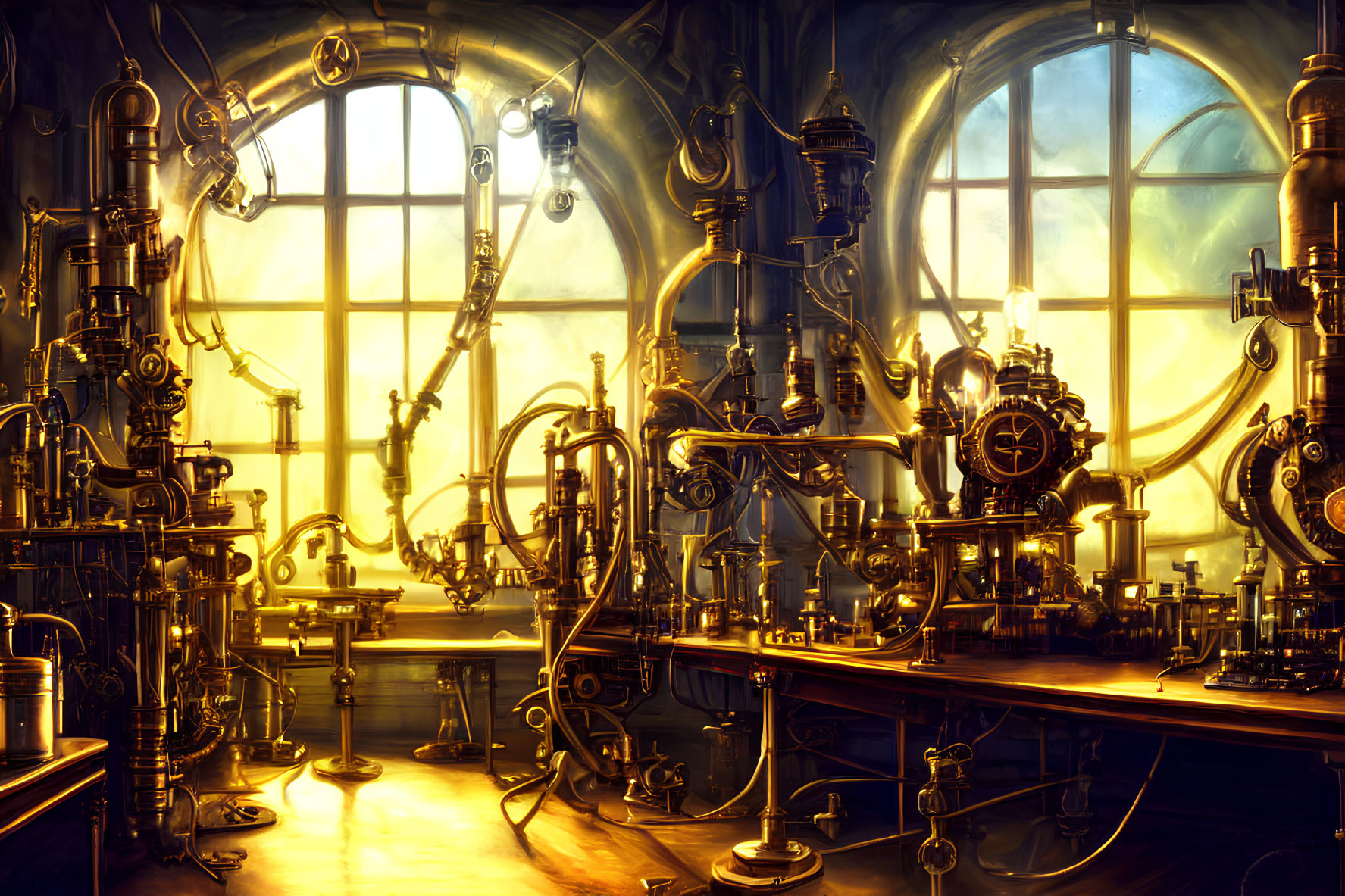 Detailed Steampunk Laboratory with Brass Pipes and Machinery