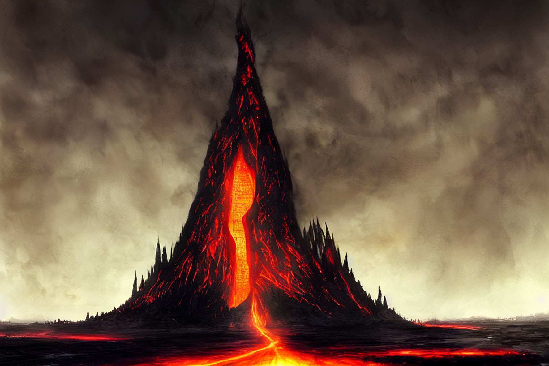Majestic volcano with fiery crater and lava flows in desolate landscape
