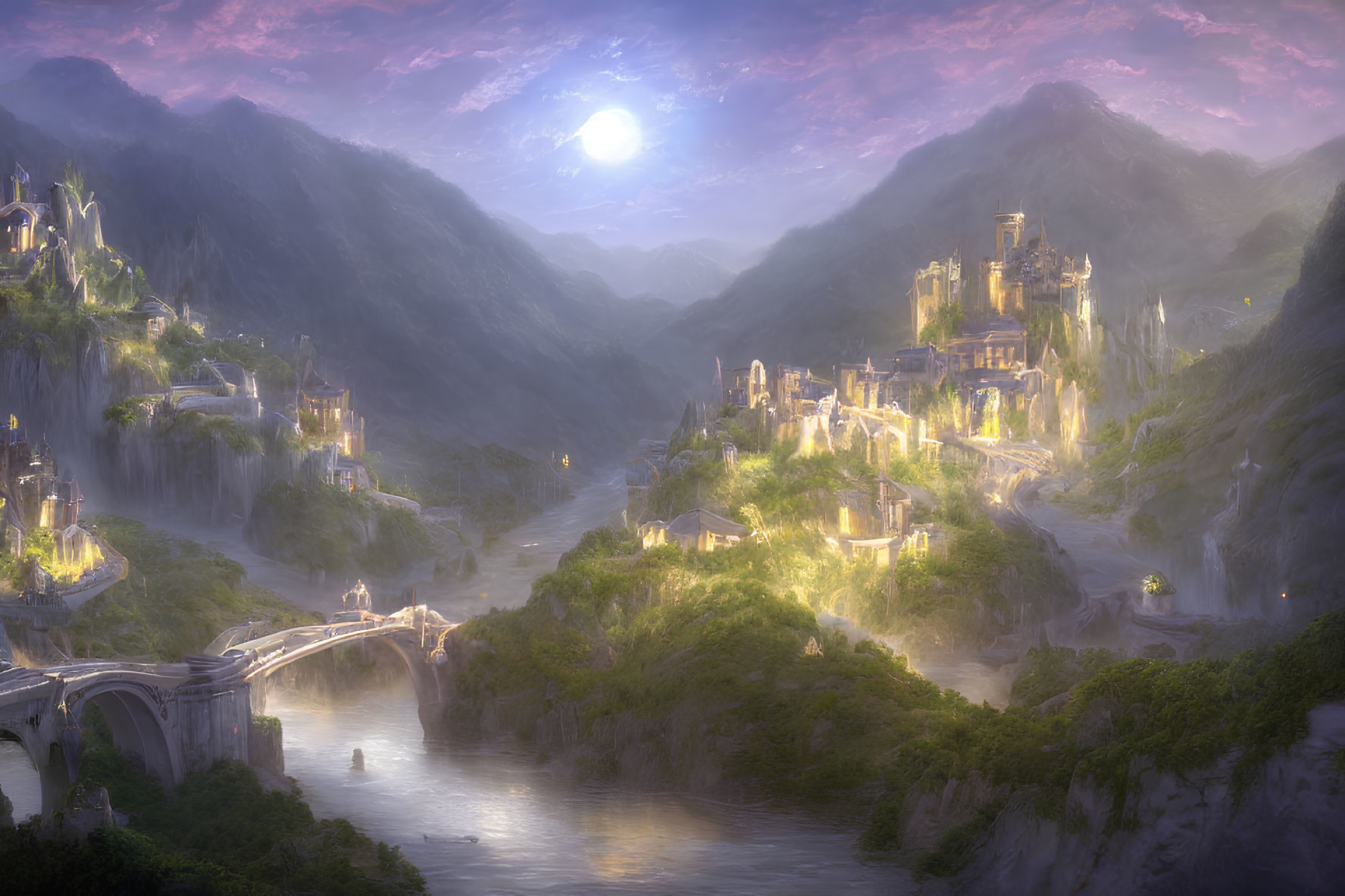 Luminous cityscape nestled in mountains under moonlit sky