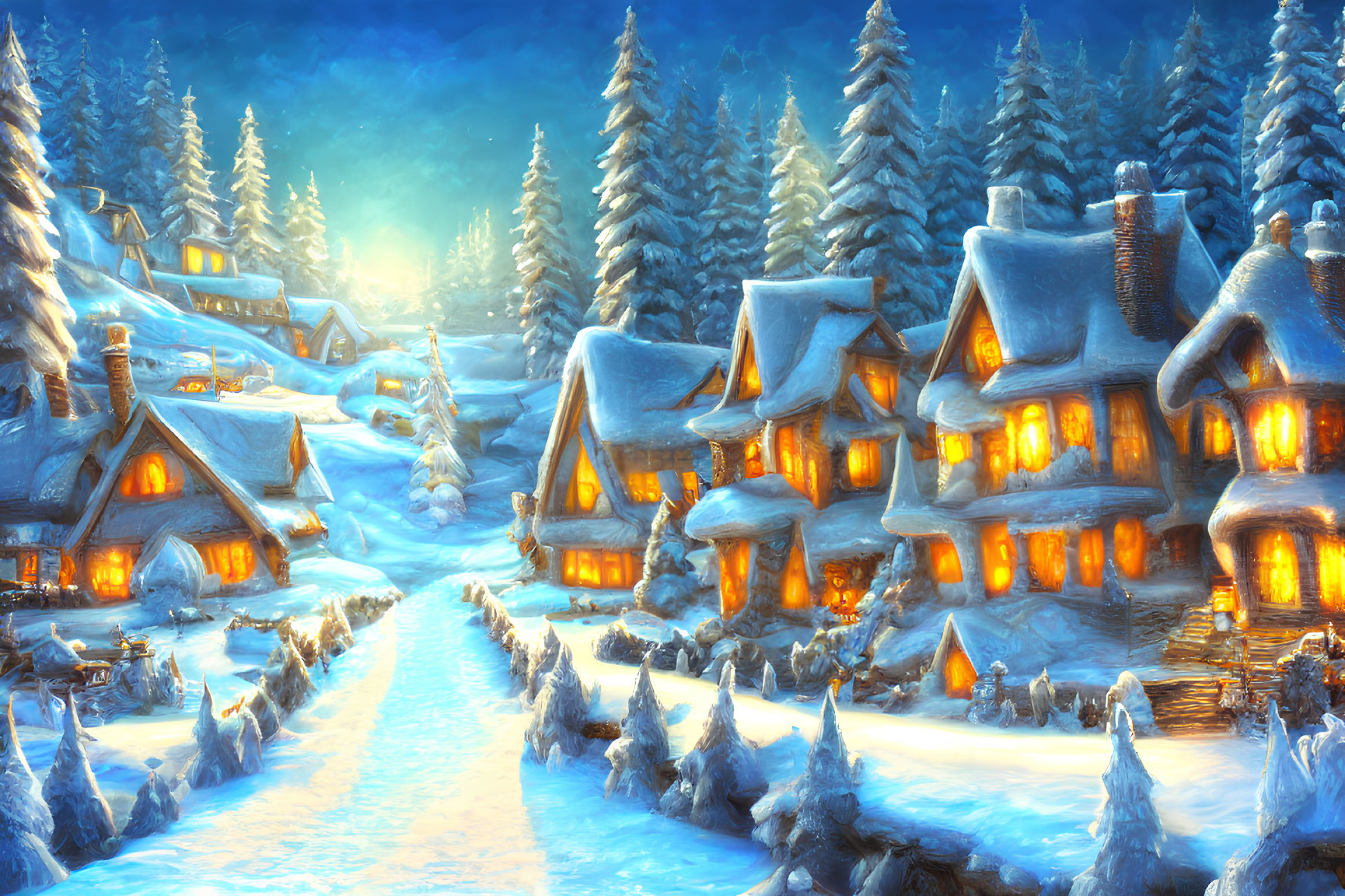 Snow-covered winter village with glowing windows and snowy pine trees