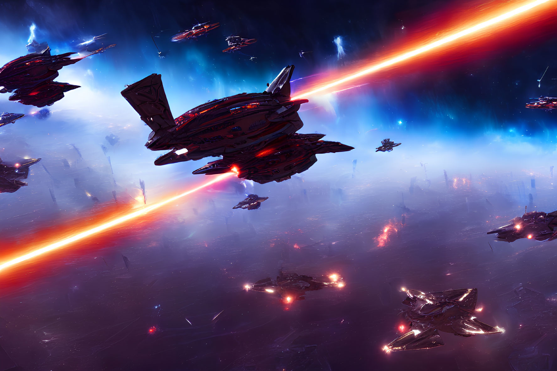 Futuristic sci-fi space battle with laser fire in starry cosmos