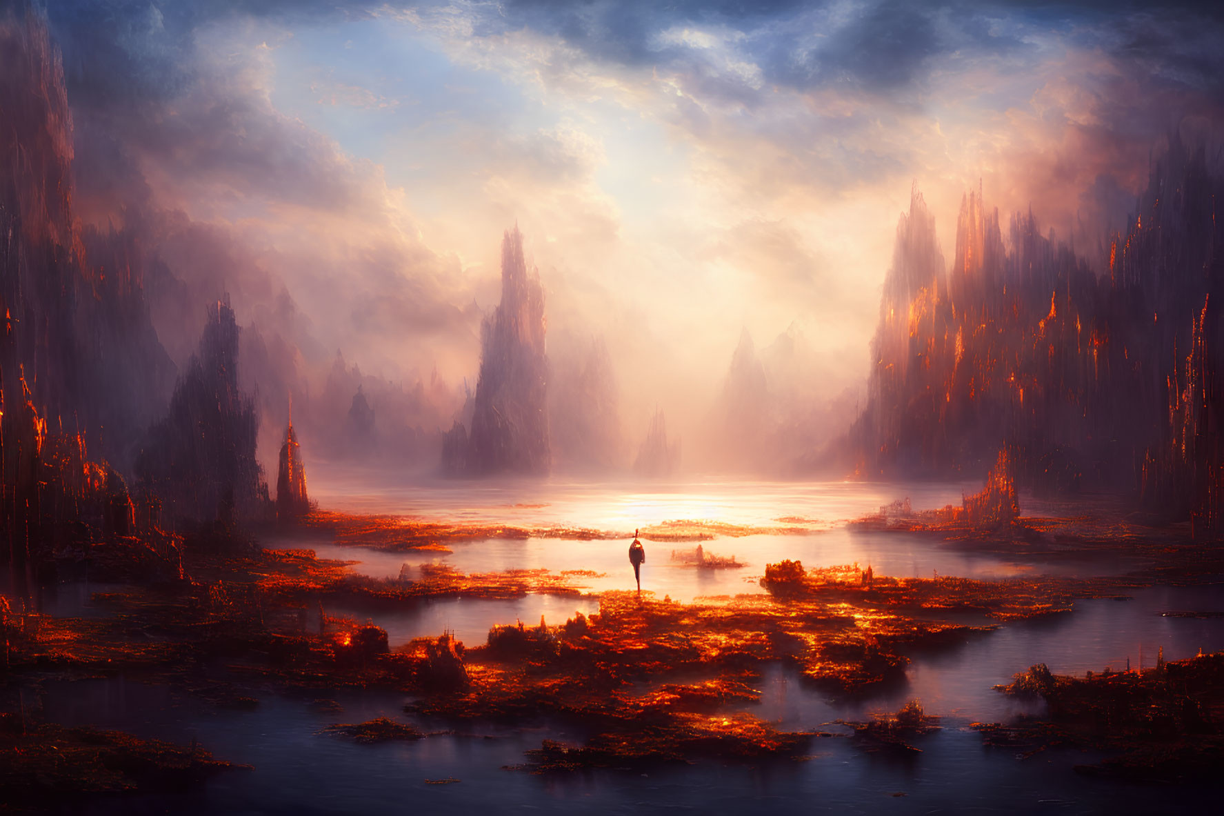 Solitary figure by tranquil lake with ethereal spires at sunset