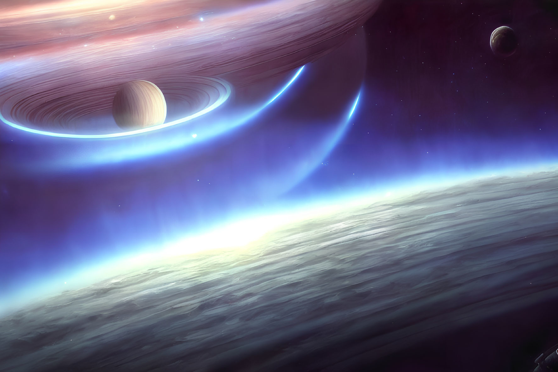 Sci-fi space scene: Ringed gas giant, moons, nebula, rocky planetary surface