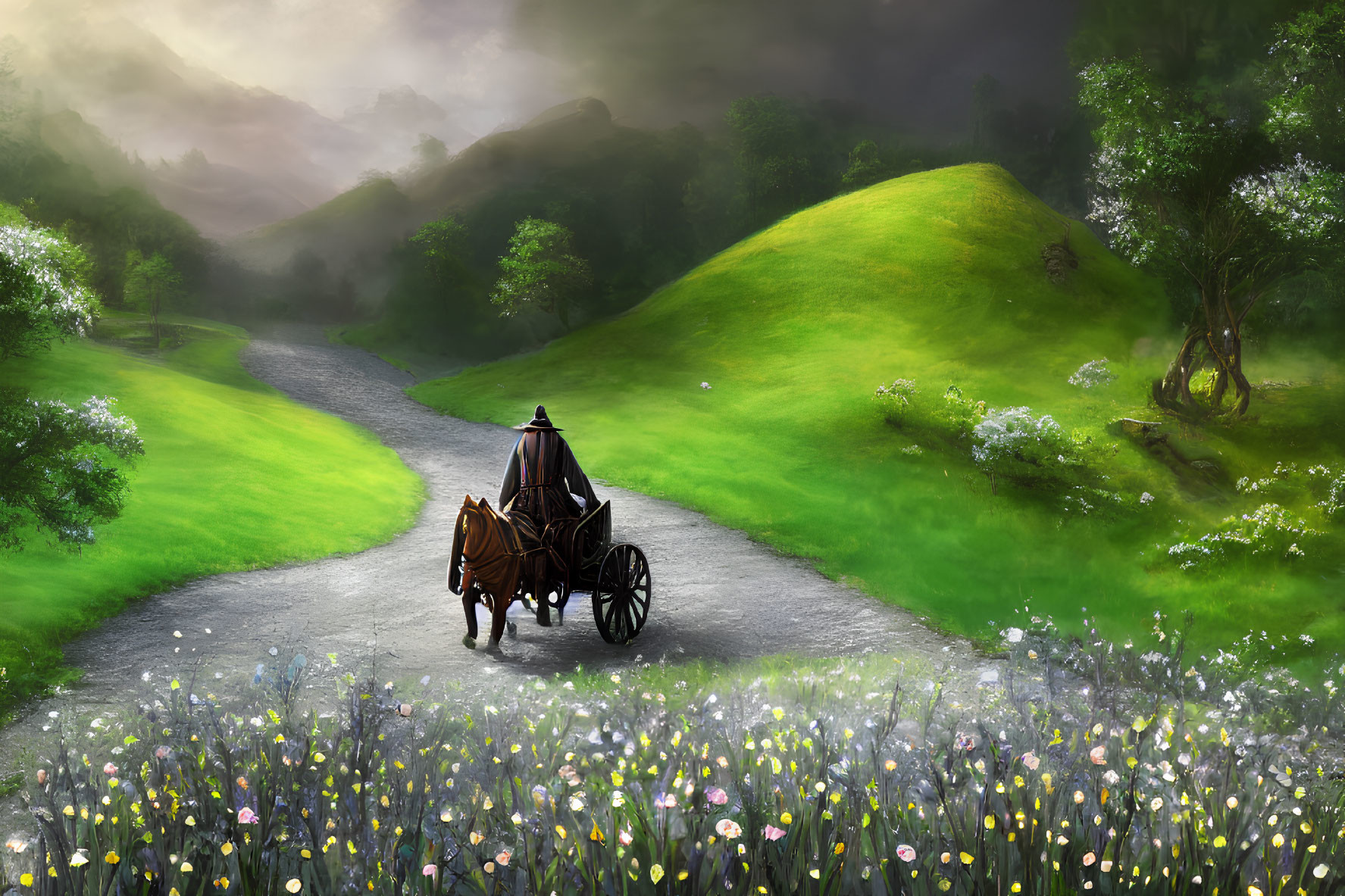 Horse-drawn carriage on split path in lush landscape