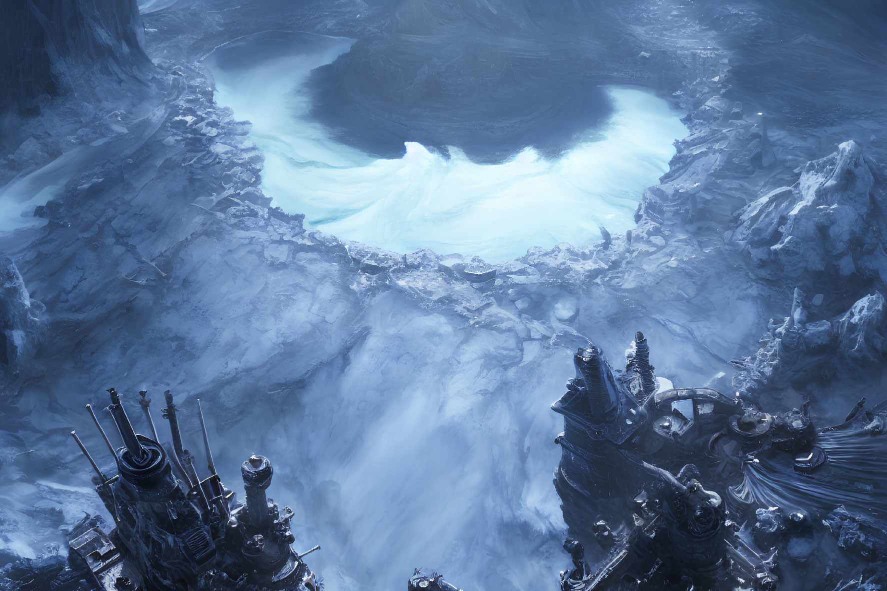 Mystical icy landscape with luminous blue whirlpool and abandoned structures.