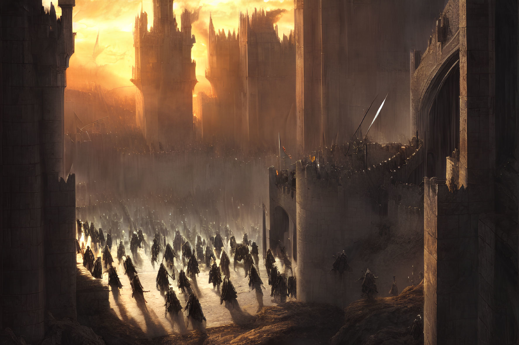 Massive army marching towards grand castle at sunset