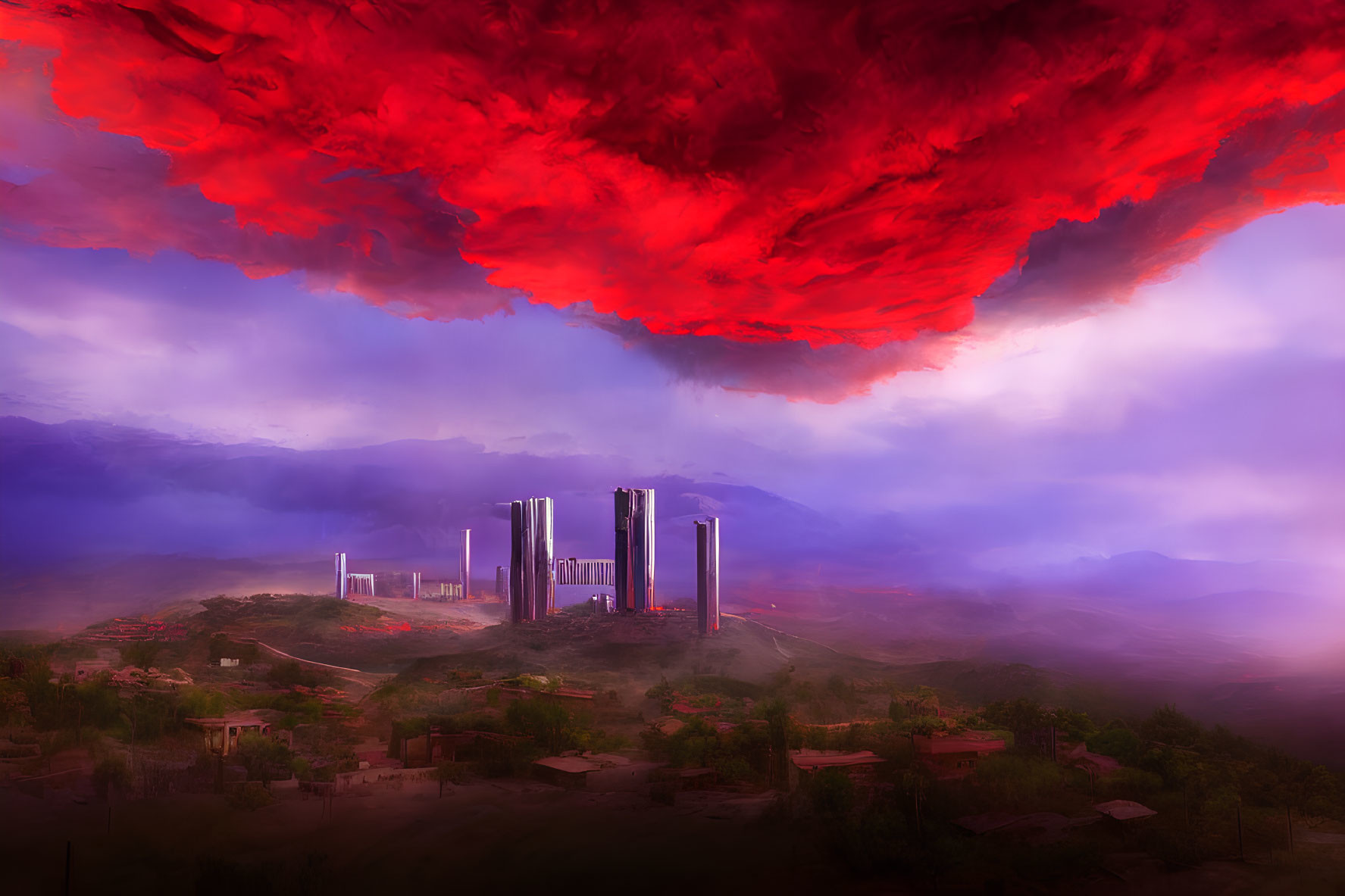 Surreal landscape with red clouds and futuristic skyscrapers