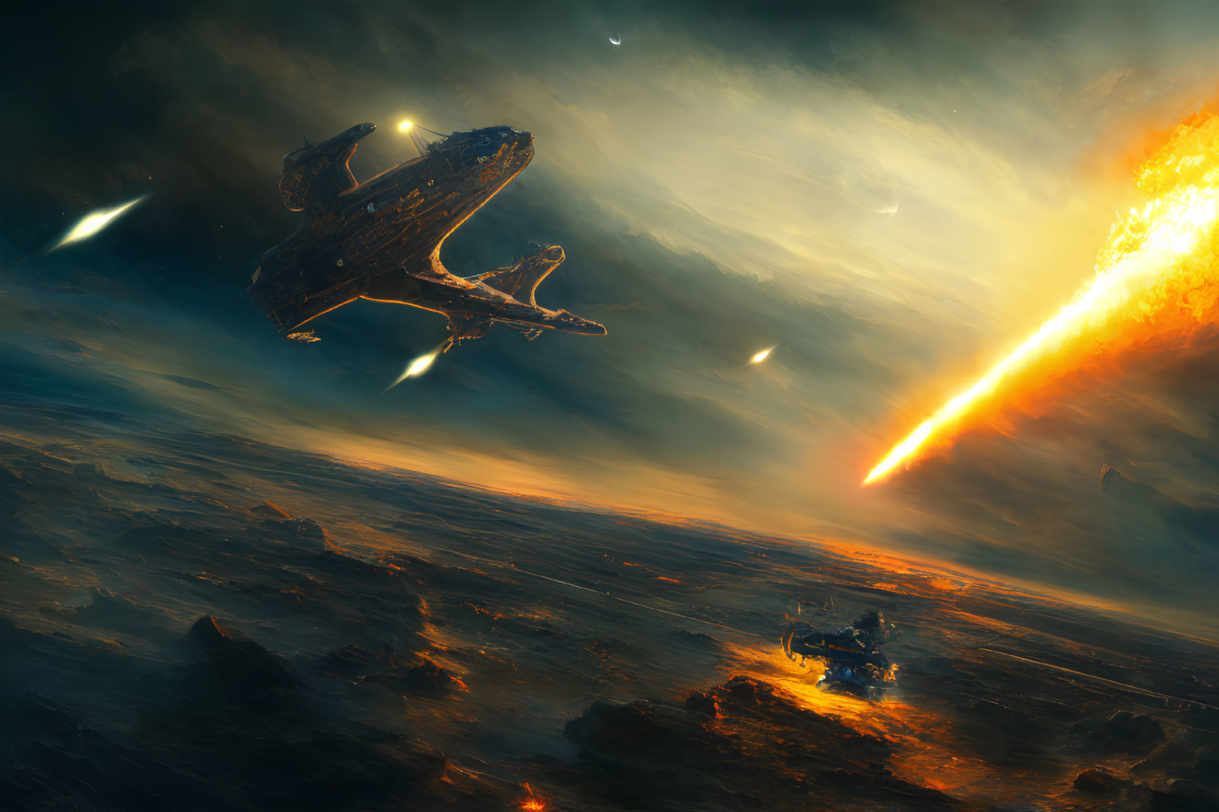 Spaceship fleeing planet with fiery comet in alien sky
