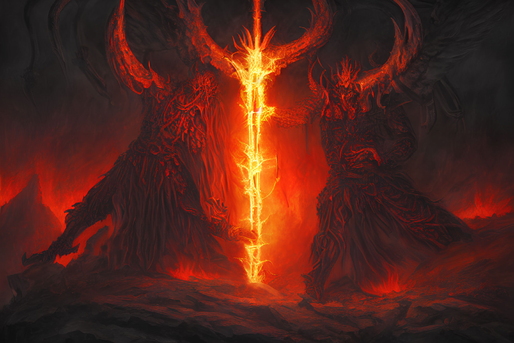 Two horned figures with fiery sword in volcanic landscape.