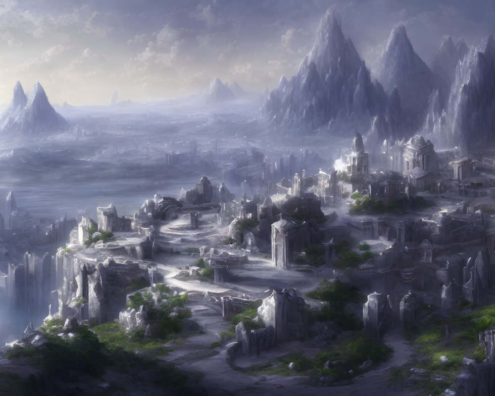 Majestic mountains, ancient city, misty river under luminous sky