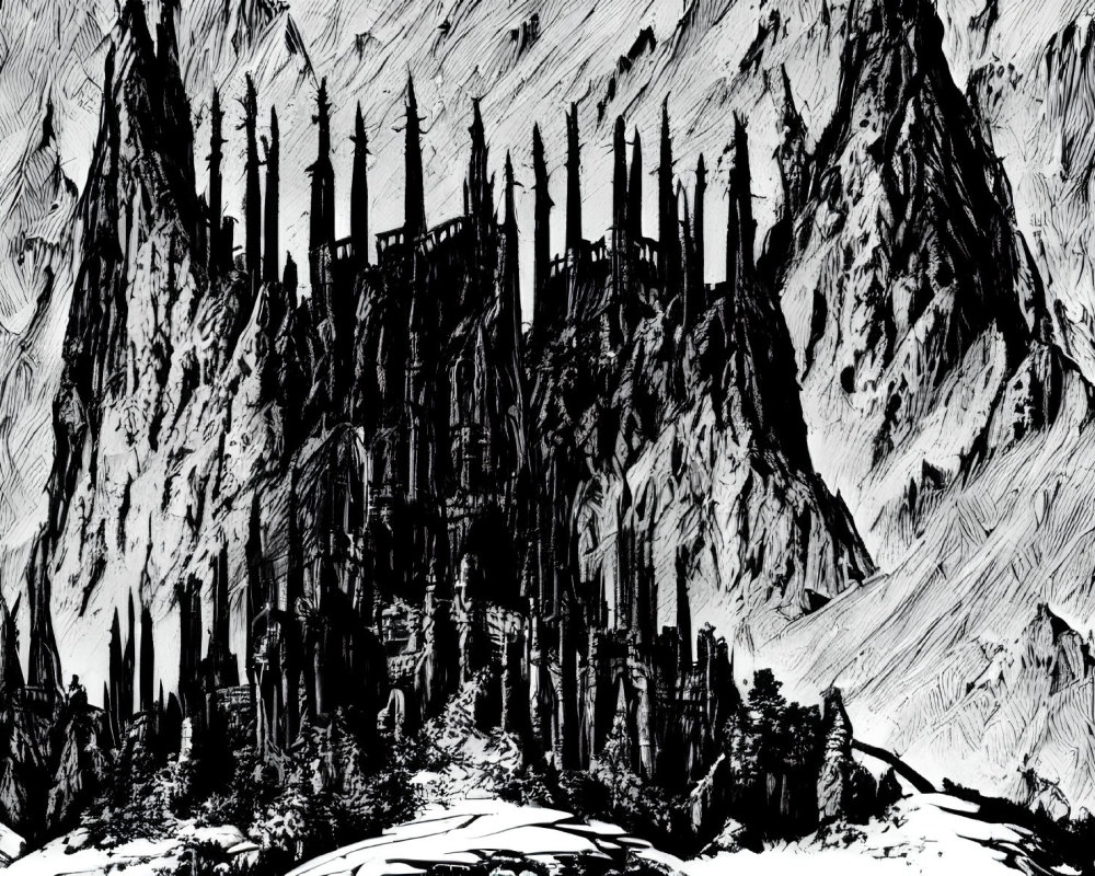 Detailed black-and-white gothic castle illustration with mountain backdrop and thorny vines.