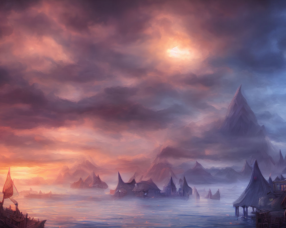 Fantasy seascape at sunset with mountains, traditional houses, boats, and glowing sky