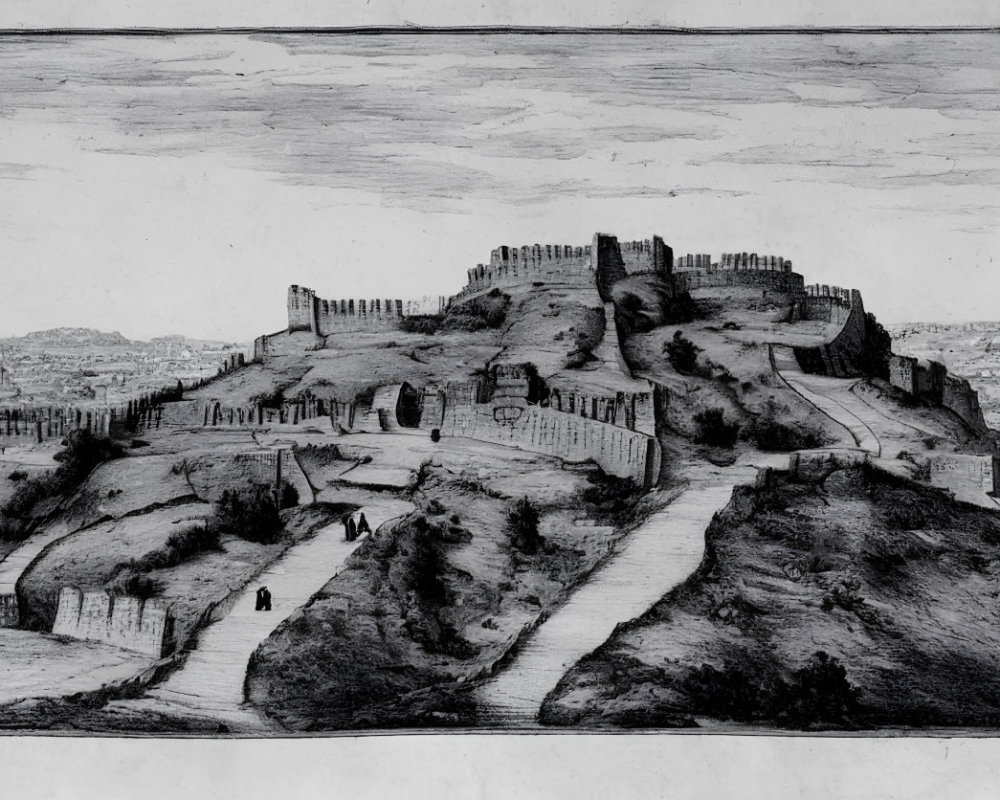 Monochrome sketch of ancient hilltop fortress with battlements and surrounding plains