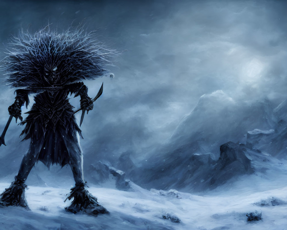 Mysterious figure in black armor with spikes holding a spear in snowy mountain landscape