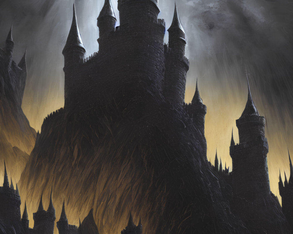 Eerie castle with spires under gloomy skies and fiery light glimpses