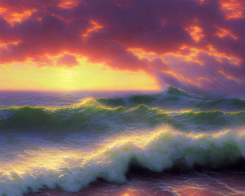 Colorful Ocean Scene: Green Waves, Purple Clouds, Golden Sunset