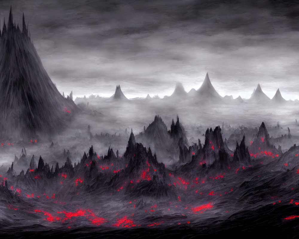 Sinister mountains under red lava flow in cloudy sky