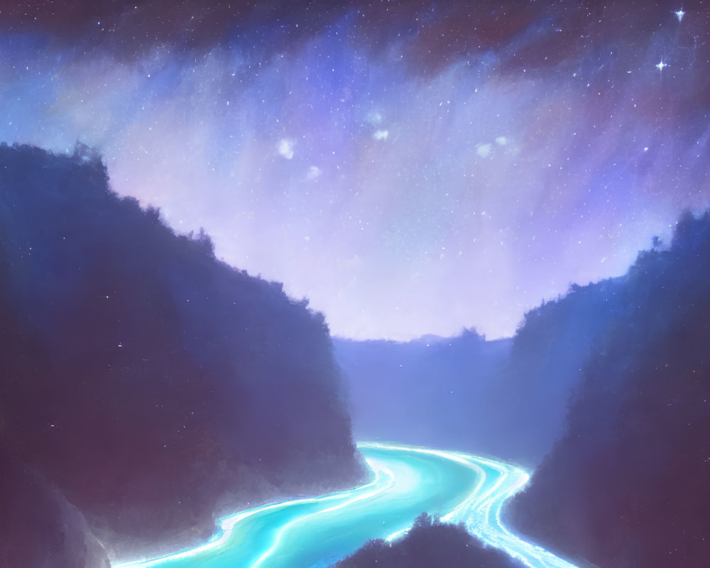 Glowing blue river in dark mountain valley under starry night sky