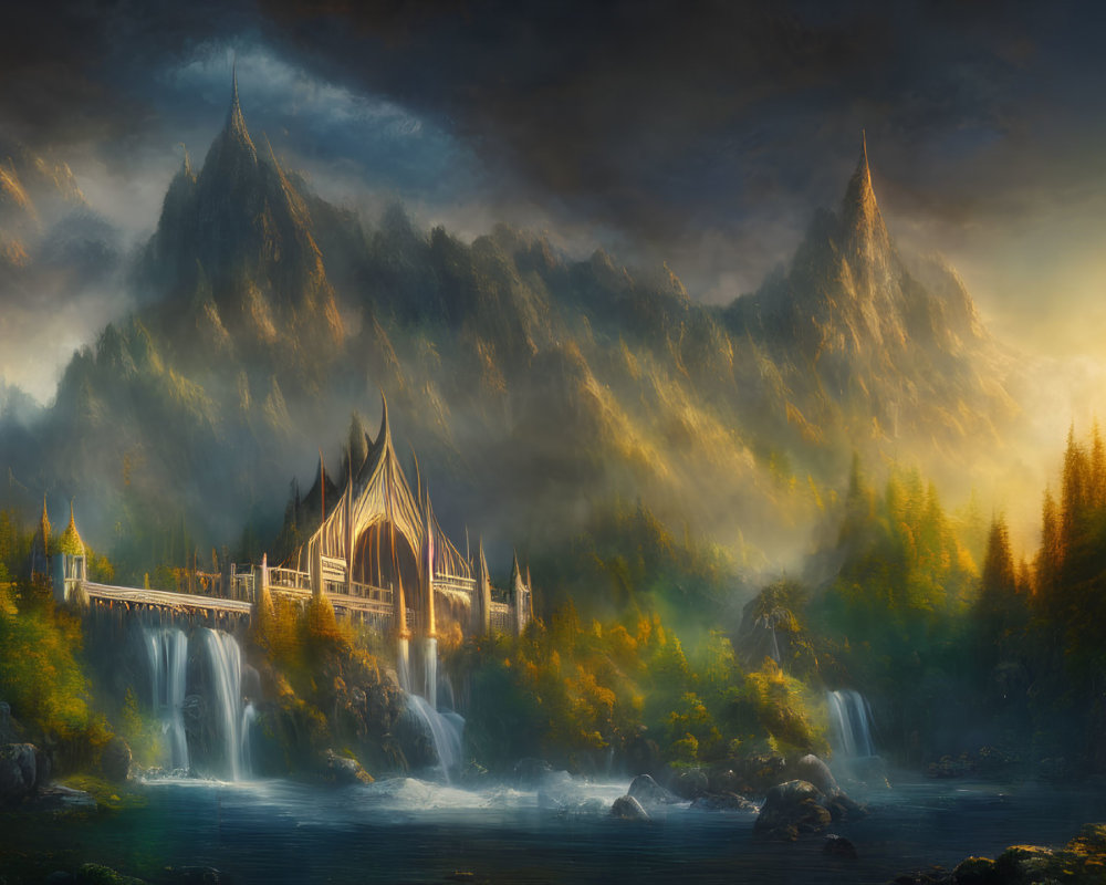 Majestic castle on waterfall in fantasy landscape