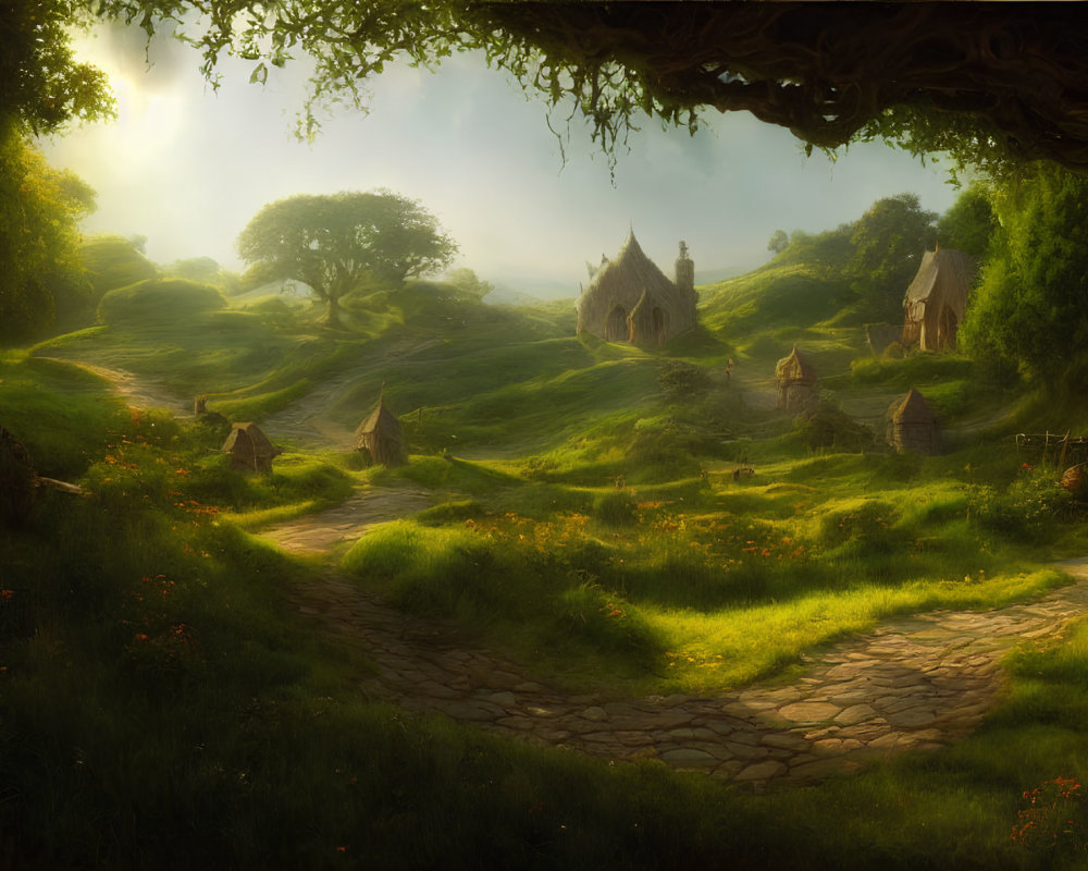 Tranquil fantasy landscape with lush greenery and quaint structures