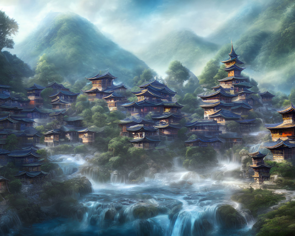 Traditional pagodas on waterfalls in misty mountains landscape