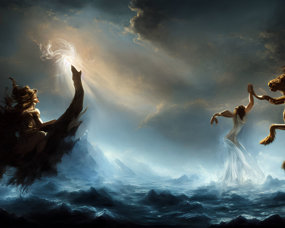 Mystical scene: two ethereal figures on stormy seas with dramatic rays