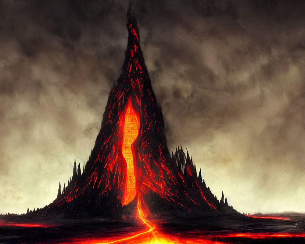 Majestic volcano with fiery crater and lava flows in desolate landscape