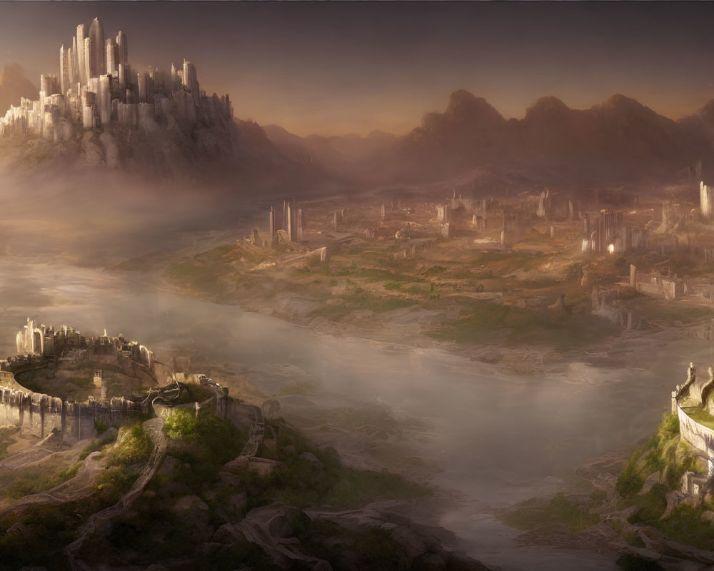 Majestic castle on cliff in misty fantasy landscape
