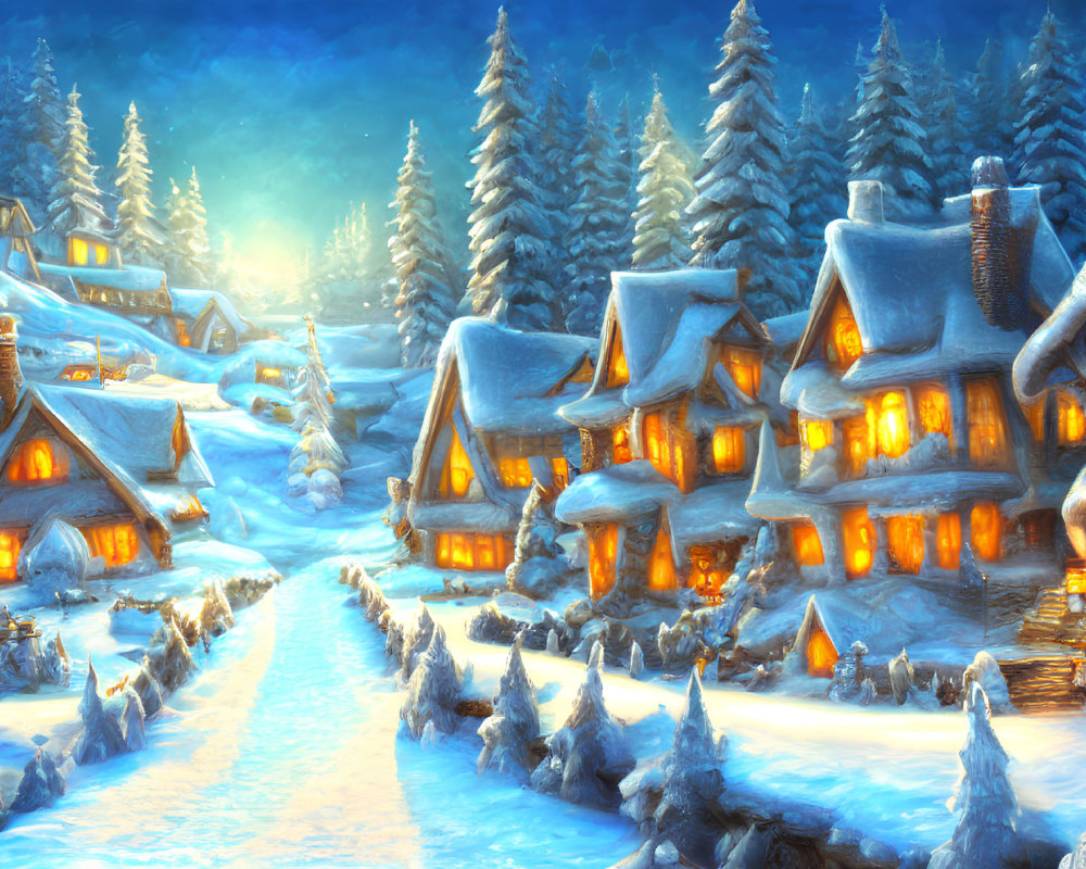 Snow-covered winter village with glowing windows and snowy pine trees